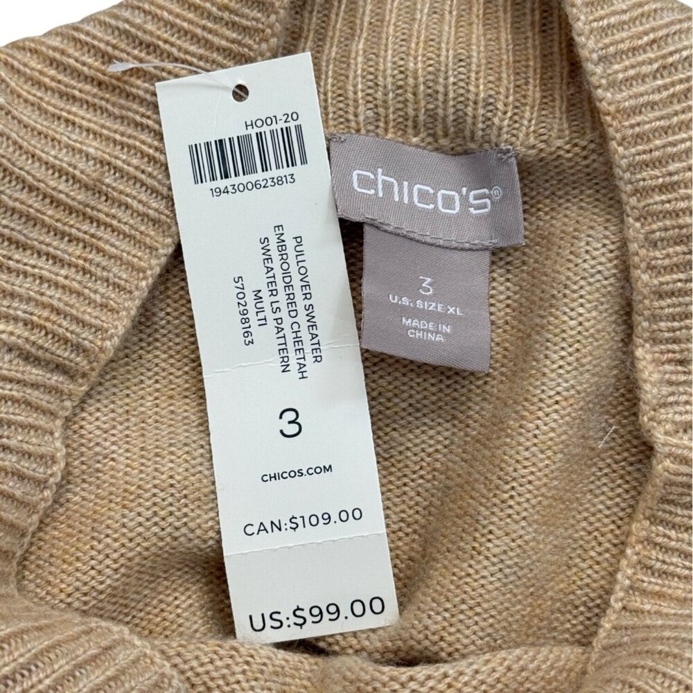Chicos Pullover Sweater Embroidered Cheetah Long Sleeves Beige Womens XL NEW - Picture 5 of 9